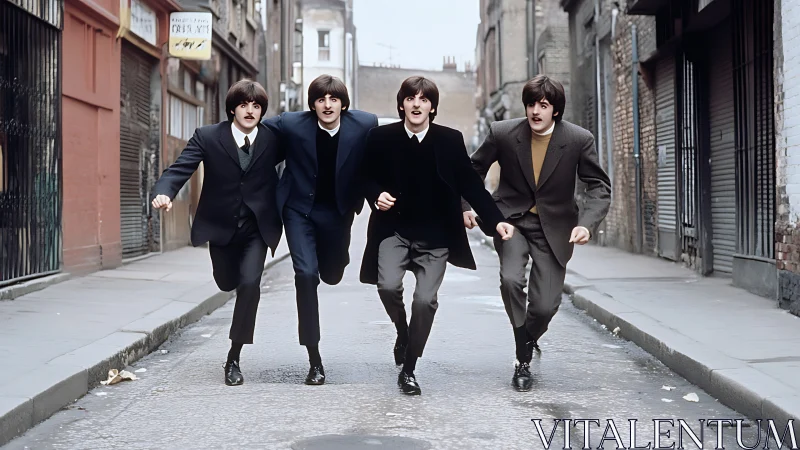 Retro suited quartet sprinting down a narrow city alleyway.