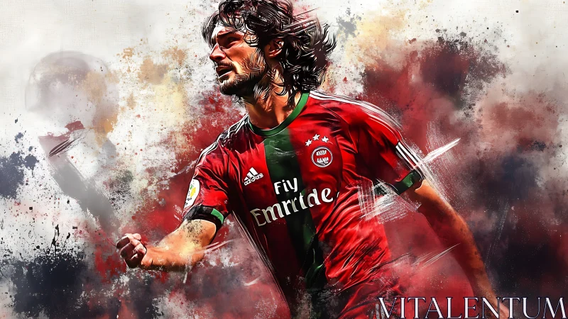 Dynamic digital painting of soccer player in red match kit