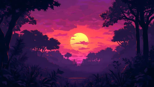 Neon-hued sunset silhouettes dense jungle canopy in profile