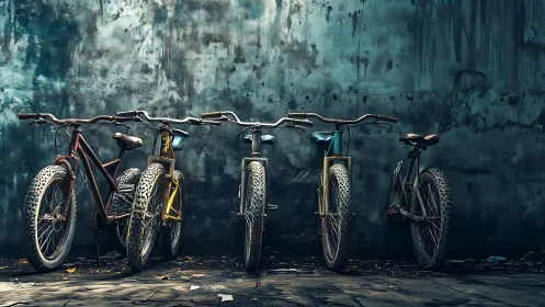 Five Well-Used Bicycles Lean Together Against a Weathered Teal Wall
