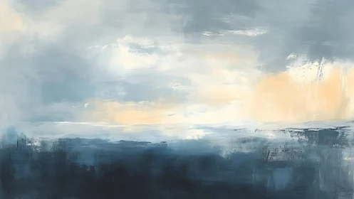 Abstract seascape painting with soft blue tones and gentle sunrise.