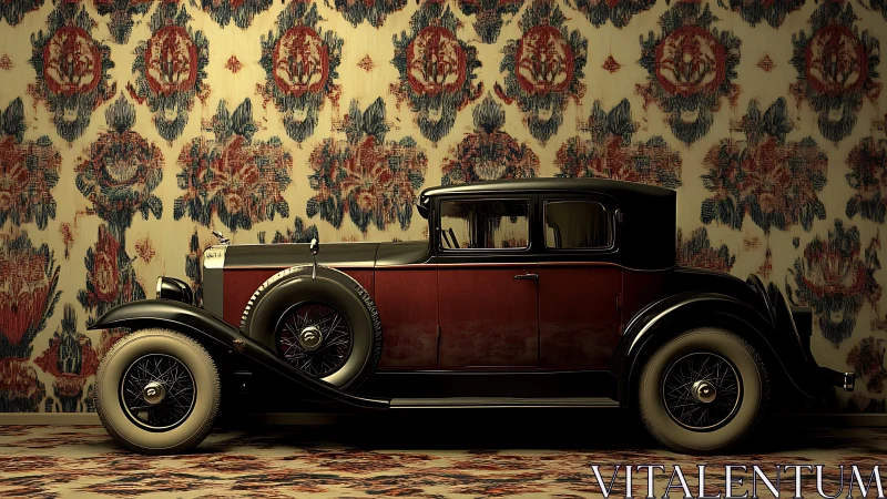 Velvet wallpaper crowns a poised vintage car in stillness