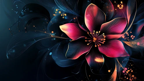 Luminescent floral form with particle elements on dark background.