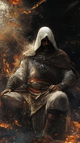 Hooded warrior sits enthroned amid burning embers and ash.