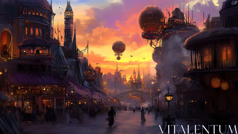 Steampunk skyport city glows under radiant sunset clouds.