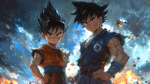 Fiery anime warriors stand amid swirling blue-orange storm.