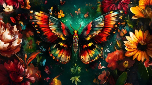 Vibrant multicolored butterfly centered in lush floral field.