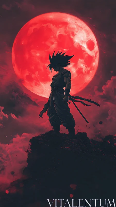 Silhouetted warrior stands before massive blood red moon.