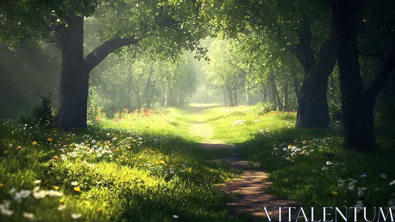 Forest Path with Filtered Sunlight Through Ancient Trees.