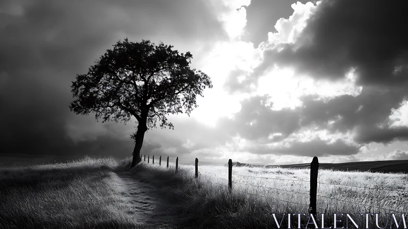Lone Tree Beside Country Fence in Dramatic Black and White Landscape.