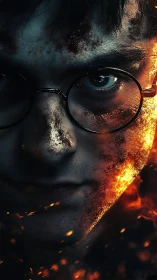 Intense fiery portrait shows a determined gaze amid embers