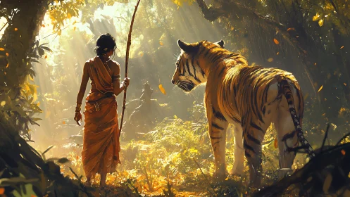 Jungle dawn pact between wanderer and watchful tiger.