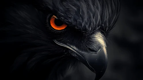 Intense close-up of black eagle’s face in dramatic lighting.
