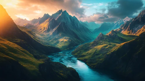 River carves a luminous path through dream-forged mountains