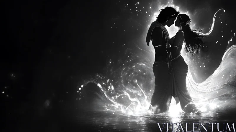 Silhouetted figures in luminous water with radiant light emanation