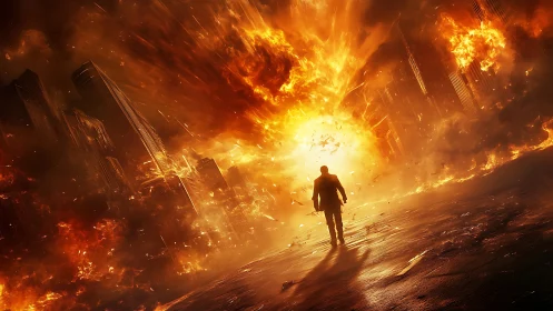 Silhouette man walks toward massive urban firestorm explosion