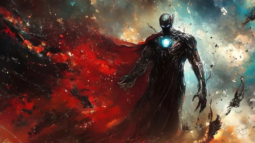 Cosmic guardian strides through swirling fire and starlight.