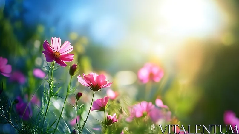 Pink cosmos flowers bloom in soft sunlight bokeh.