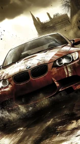 Mud-scarred BMW slashes through storm-lit city streets.