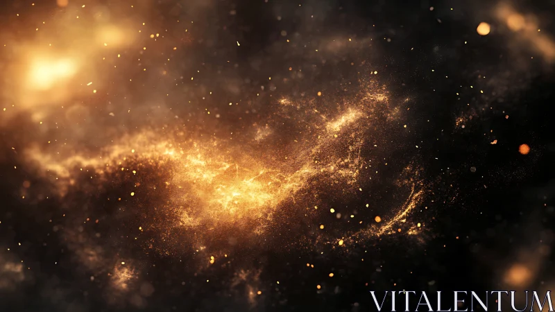 Golden cosmic nebula drifts through deep shadowed space.