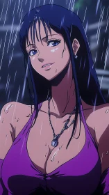 Anime rain portrait with cinematic lighting and wet highlights.