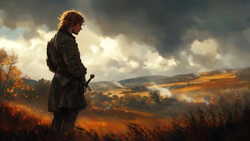 Autumn field sentinel observing smoke-plumed valley horizon.