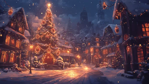 Snowlit village boulevard crowned by glowing Christmas giant.