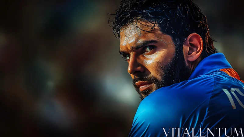 Intense male athlete portrait in blue sports jersey.