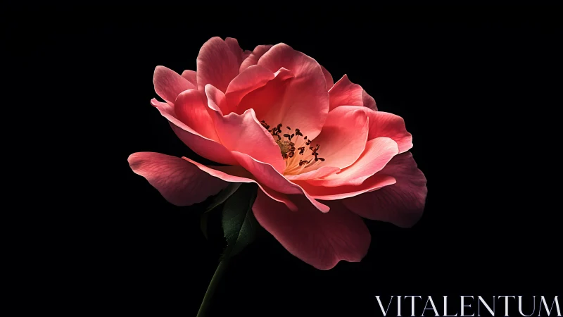 Luminous Coral Rose Against Deep Black Night