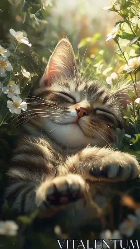 Serene cat savoring golden sunlight in blooming garden.