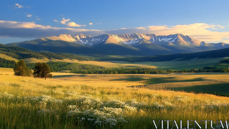 Alpine grassland under low-angle sunlight with stratified shadows.