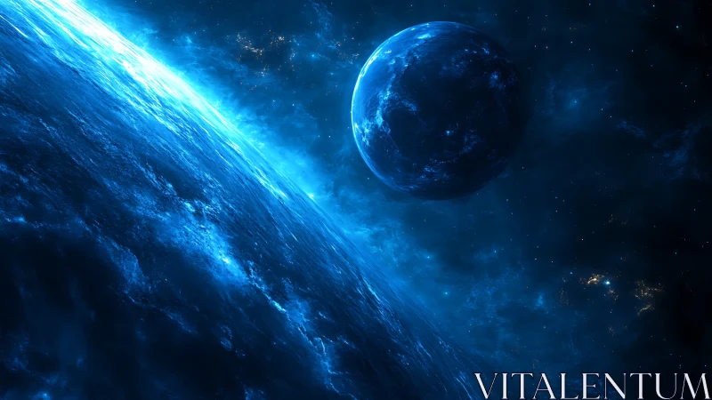 Bioluminescent exoplanet horizon with distant illuminated moon