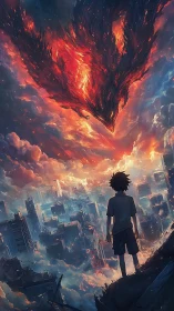 Apocalyptic fire entity descends over ruined anime metropolis