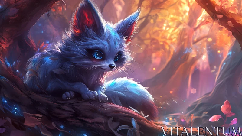Mystic blue fox spirit resting in luminous autumn forest.