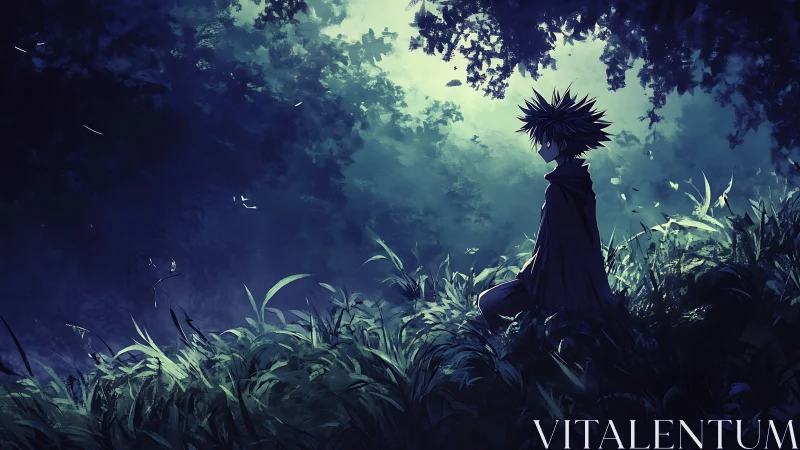 Silhouetted anime boy sits in dense moonlit forest clearing