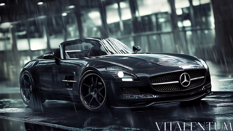 Sleek Mercedes roadster gleams in dramatic city rainstorm.