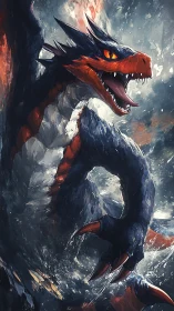 Armored aquatic dragon emerges amid turbulent splash dynamics