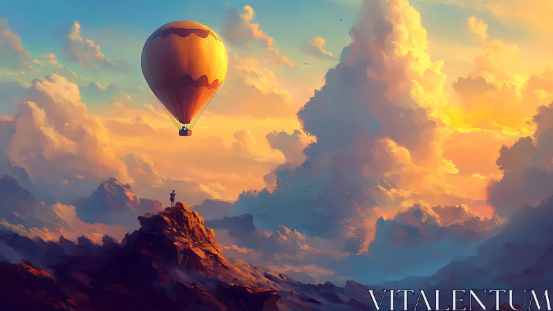 Hot air balloon drifts above lone figure on rocky summit