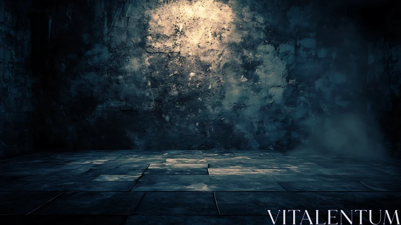 Aged concrete chamber with spotlight on textured back wall