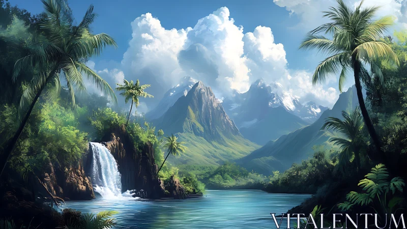 Digital landscape shows tropical waterfall and distant peaks
