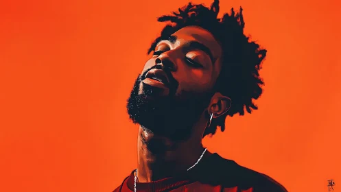 Digital portrait of man with beard on solid orange background.