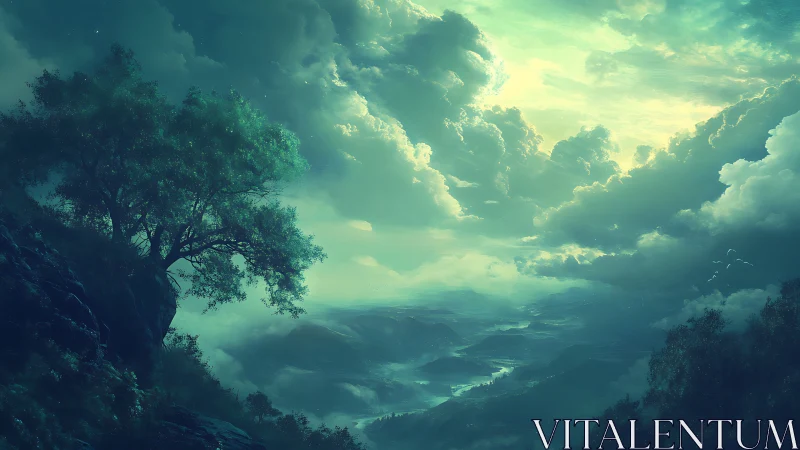 Twilight valley panorama under luminous storm-lit clouds.