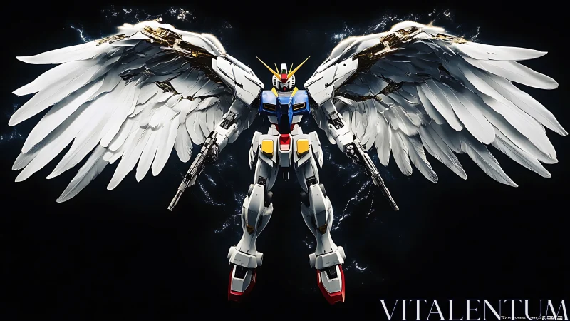 Winged mecha seraph spreads chrome feathers in void.