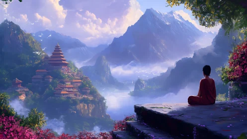 Meditating monk overlooks terraced mountain temples in luminous valley