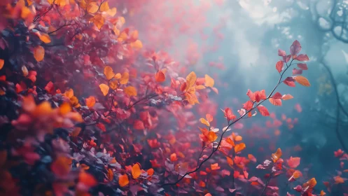 Crimson misty thicket where autumn quietly glows.