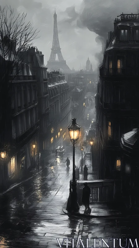 Rainy Paris street with Eiffel Tower in distant mist.