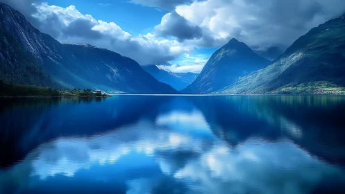 Symmetrical mountain fjord with reflective blue water surface.