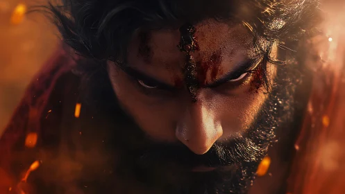 Intense warrior gaze burns through smoke and rising embers