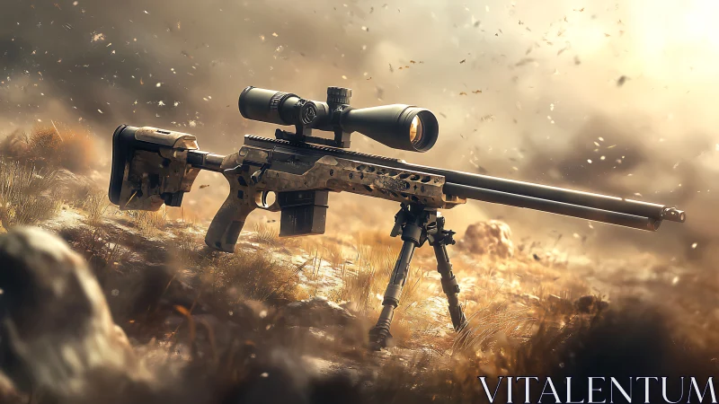 Tactical Precision Rifle Ready for Action in Dusty Terrain