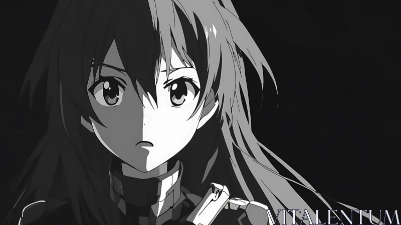 Quiet anime heroine standing strong in soft monochrome light.